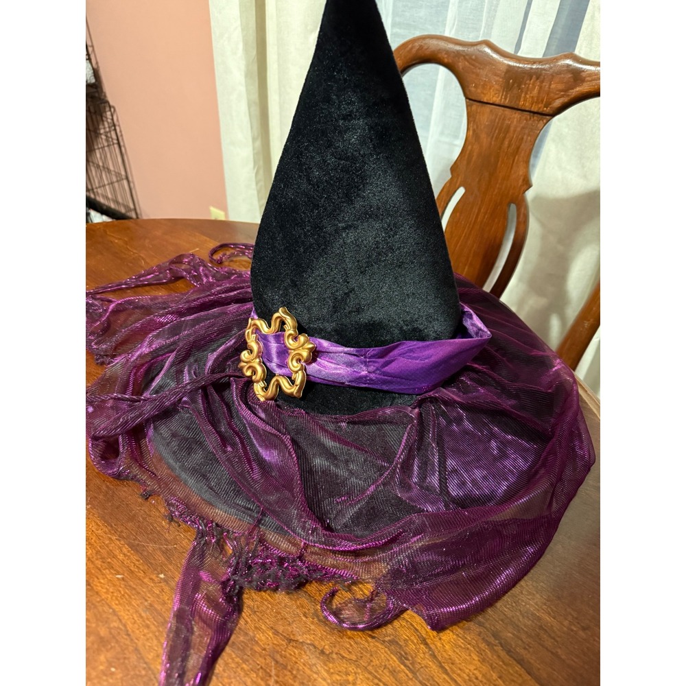 Black Velvet Witch Hat Purple Metallic Mesh Gold Buckle Halloween Accessory
